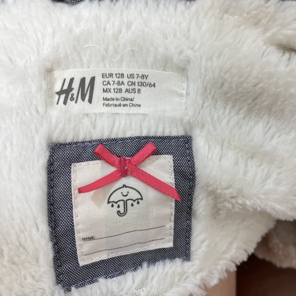 H&M Girl's Padded Parka Blue Gray Detachable Faux Fur Lined Hood Sz 7-8 - Picture 5 of 16